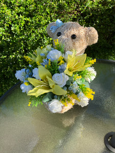 Child graveside memorial teddy with pink or yellow/blue/cream flowers