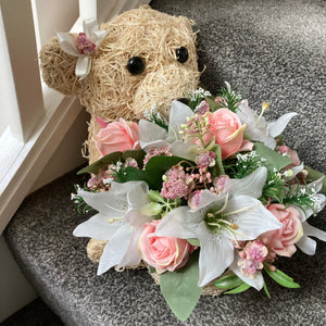 Child graveside memorial teddy with pink or blue rose flowers