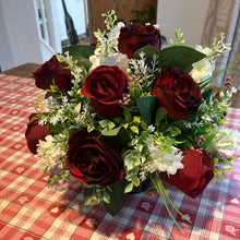 Posy arrangement of burgundy and white artificial silk flowers