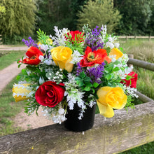faux silk graveside flower arrangement in black pot
