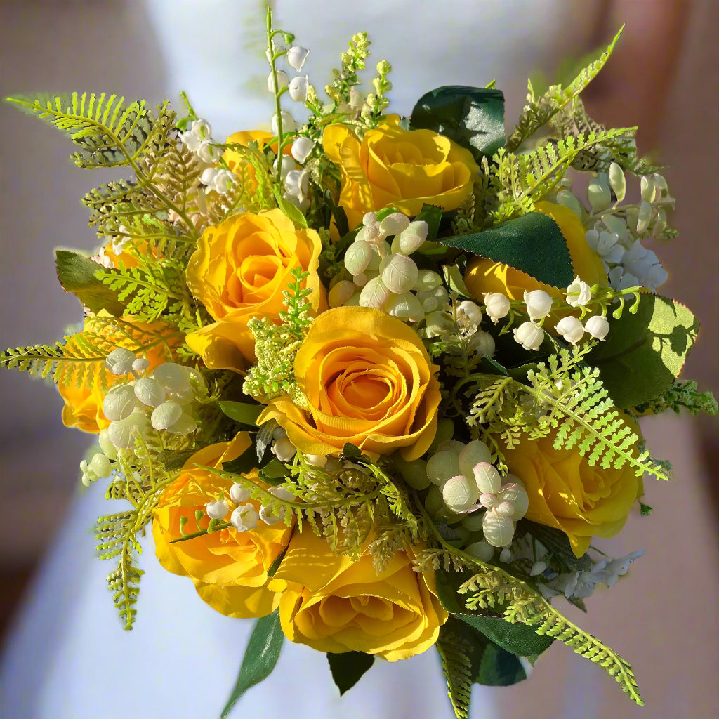 wedding bouquet of arificial faux silk yellow roses