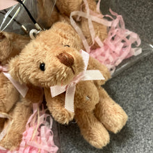 personalised petite plush jointed teddy bear with pink ribbon bow - key ring gift