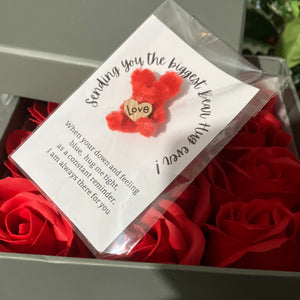 12 red Rose Soap flowers in grey hat box with tiny teddy gift