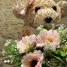 Child graveside memorial teddy with pink or blue flower arrangement