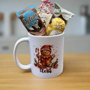 a christmas ceramic mug, hot chocolate marsh mallows, chocolate & sweets