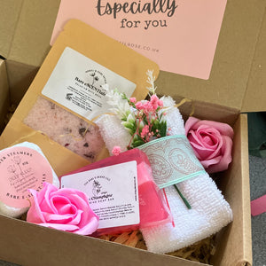 Pamper hamper, deep sleep shower steamers, soap roses, bath salts, Flannel & soap bar