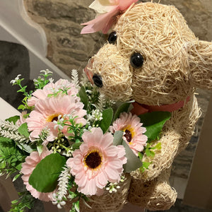 Child graveside memorial teddy with pink or blue flower arrangement