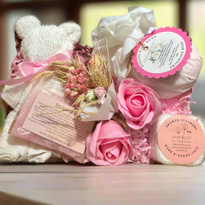 Pamper hamper, bath bomb, flannel teddy, soap roses, shower steamer, soap bar & dried flowers