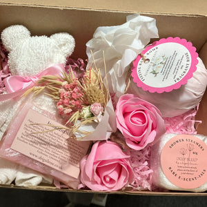 Pamper hamper, bath bomb, flannel teddy, soap roses, shower steamer, soap bar & dried flowers