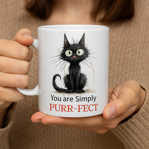 a ceramic gift mug from our black cat collection - 'purrfect'