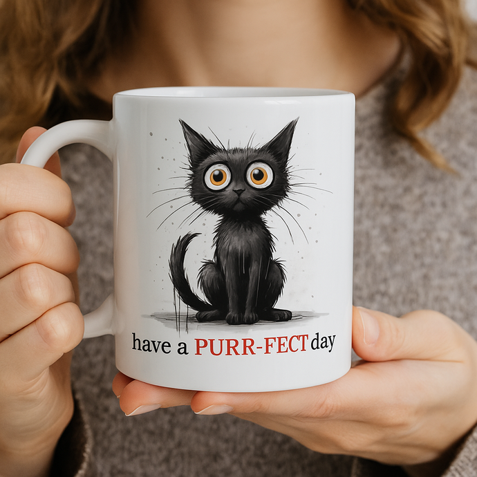 a ceramic gift mug from our black cat collection - 'purrfect day'