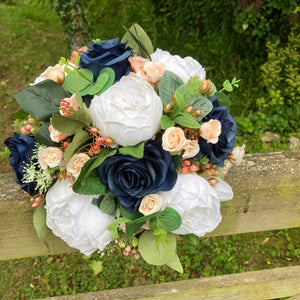 Wedding bouquet of artificial faux silk roses and peony flowers