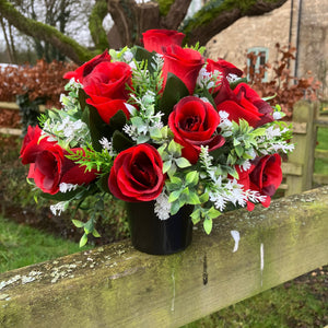 artificial red rose memorial flower pot