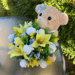 Child graveside memorial teddy with pink or yellow/blue/cream flowers