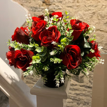 Artificial red roses and gyp memorial pot