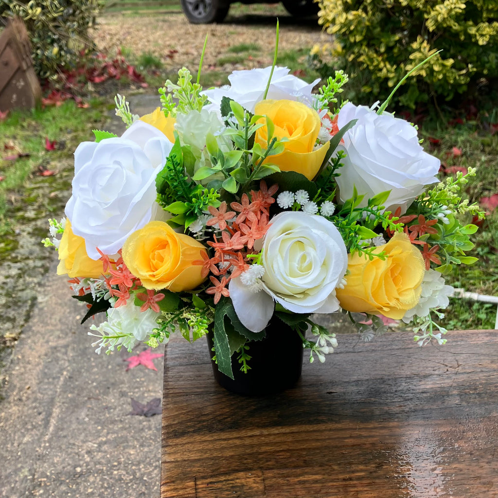 silk graveside flowers arrangement in black pot AbigailRose