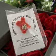 12 red Rose Soap flowers in grey hat box with tiny teddy gift