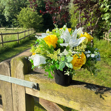 Artificial Memorial Grave Flower Arrangement in Black Pot | Yellow Roses & White Lily Cemetery Tribute