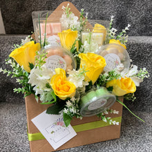 wax melts and yellow roses arranged in kraft box, special occasion gift
