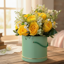 beautiful artificial handtied bouquet of silk Yellow roses in large hat box