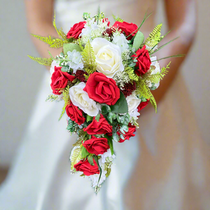 wedding bouquet collection of ivory and red foam and faux silk roses