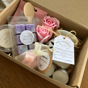 wax melt Gift hamper, melts, simmering granules, soap roses and wax burner