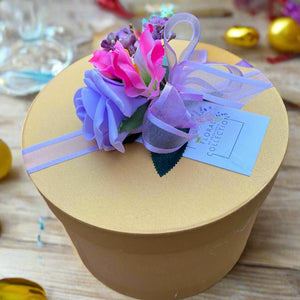 soap flowers in large gold coloured hat box - pink