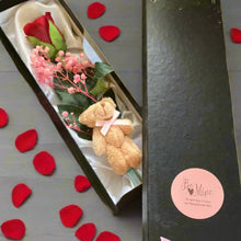 red silk Rose, teddy and gyp in black flower box - valentine gift