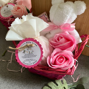 Pamper gift, bath bomb, flannel teddy and soap roses in basket