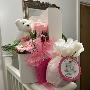 pamper hamper gift, Jumbo bath bomb, teddy and soap flower arrangement