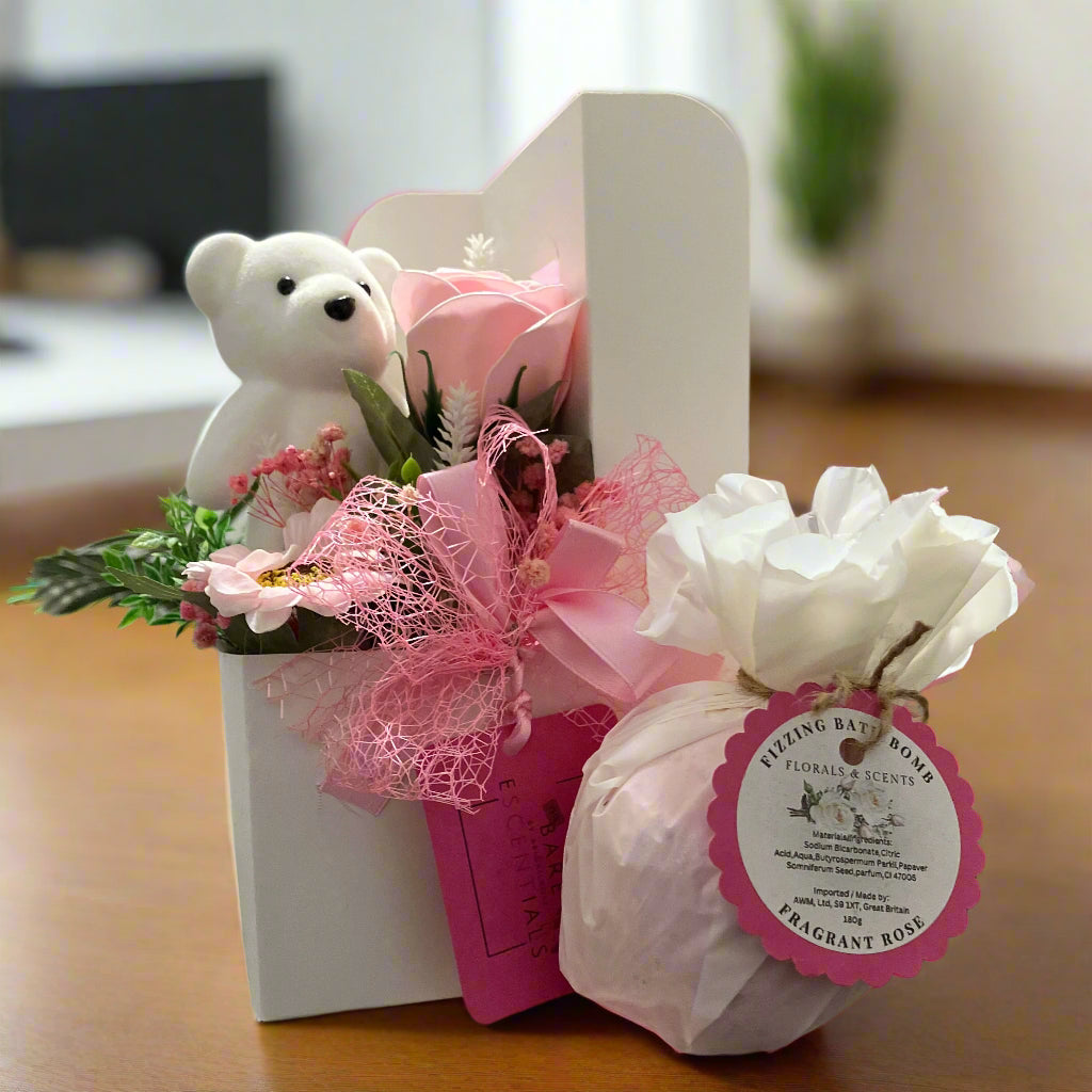 pamper hamper gift, Jumbo bath bomb, teddy and soap flower arrangement