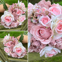 A wedding bouquet featuring silk  pink roses & peonies