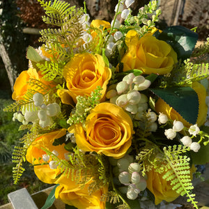 beautiful artificial handtied bouquet of silk Yellow roses in luxury large hat box