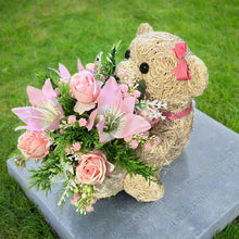 Child graveside memorial teddy with pink or yellow/blue/cream flowers
