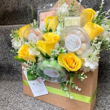 wax melts and yellow roses arranged in kraft box, special occasion gift