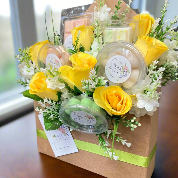 wax melts in kraft box with yellow silk roses, ideal gift