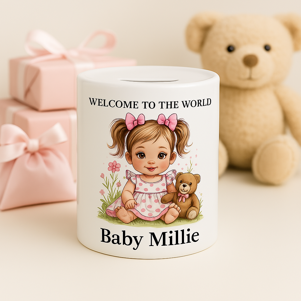 Personalised ceramic Money Box - new baby girl gift