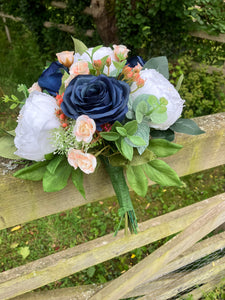 Wedding bouquet of artificial faux silk roses and peony flowers