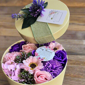 soap flowers in pearlescent hat box - lilac