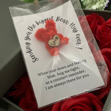 12 red Rose Soap flowers in grey hat box with tiny teddy gift