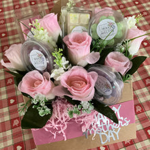 Mother’s Day gift, wax melts and pink silk roses arranged in kraft box