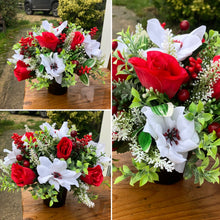 red and white grave side flower arrangement