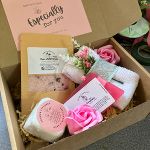 Pamper hamper, deep sleep shower steamers, soap roses, bath salts, Flannel & soap bar