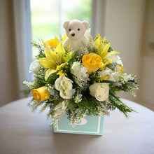 New baby boy yellow and blue flower arrangement in alphabet cube