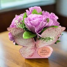 posy of mothersday lilac faux silk lilac roses in butterfly container