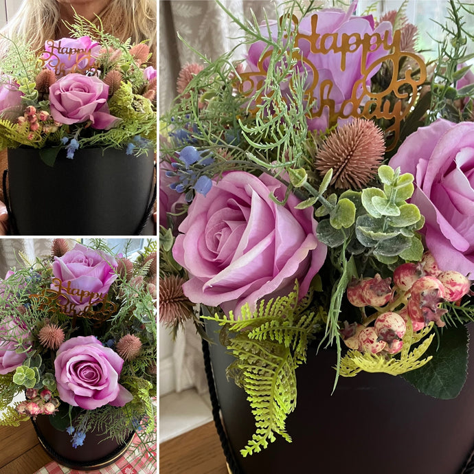 XL flower arrangement of large luxury roses and thistles in hat box