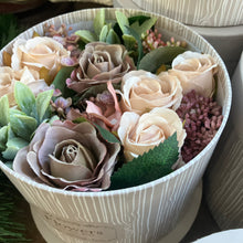 Artificial flowers in hat box - mauve and pink