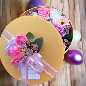 soap flowers in large gold coloured hat box - pink