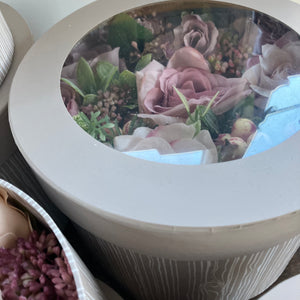 Artificial flowers in hat box - mauve and pink