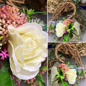 A heart wreath with silk of roses and foliage